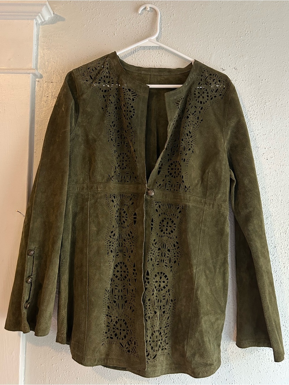 Olive Green Suede Laser-Cut Jacket - Women